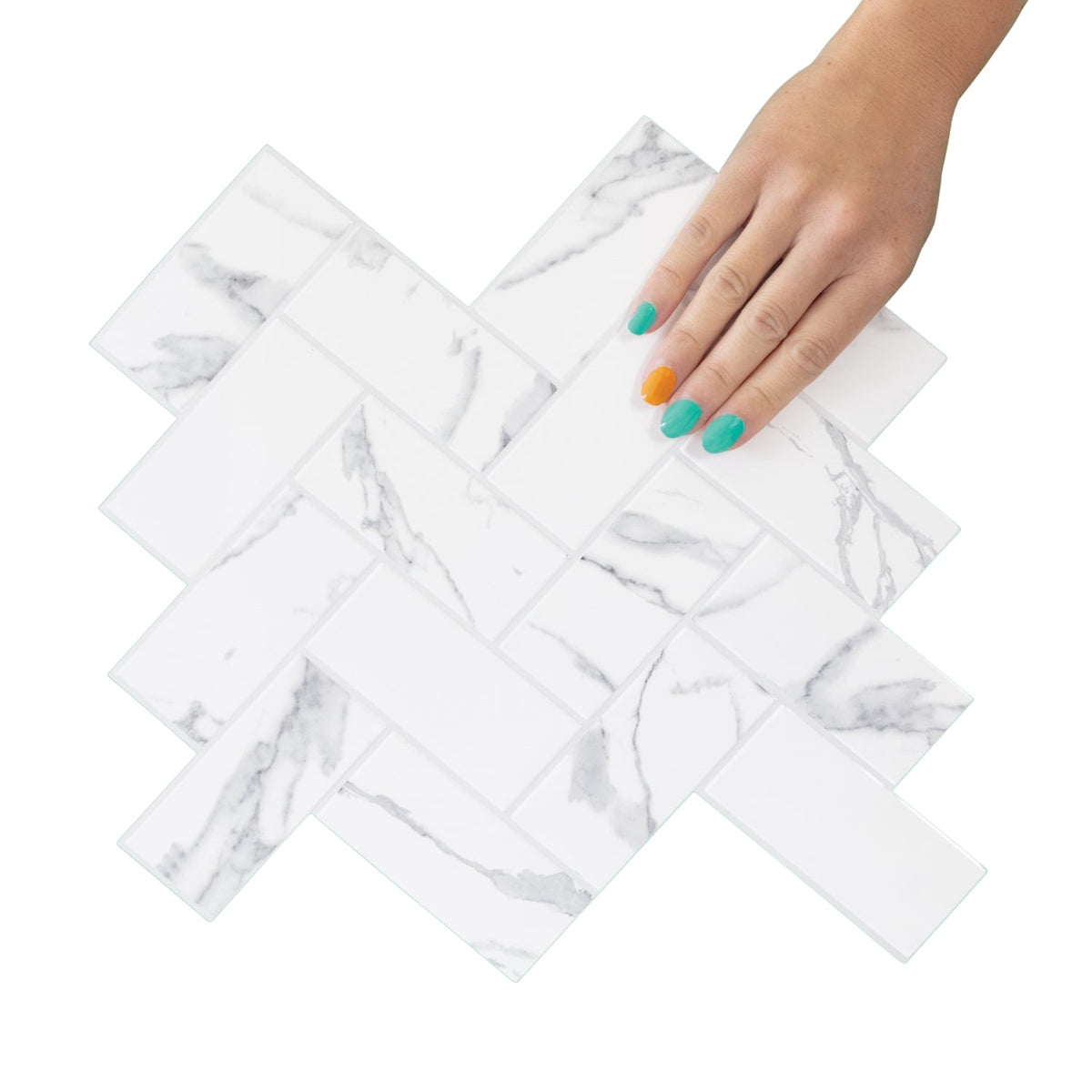 Herringbone Wall Tile | White &amp; Grey Marble with Grey Grout -3-Pack - 30.5cm (W) x 30.5cm (H) x 2mm (T)