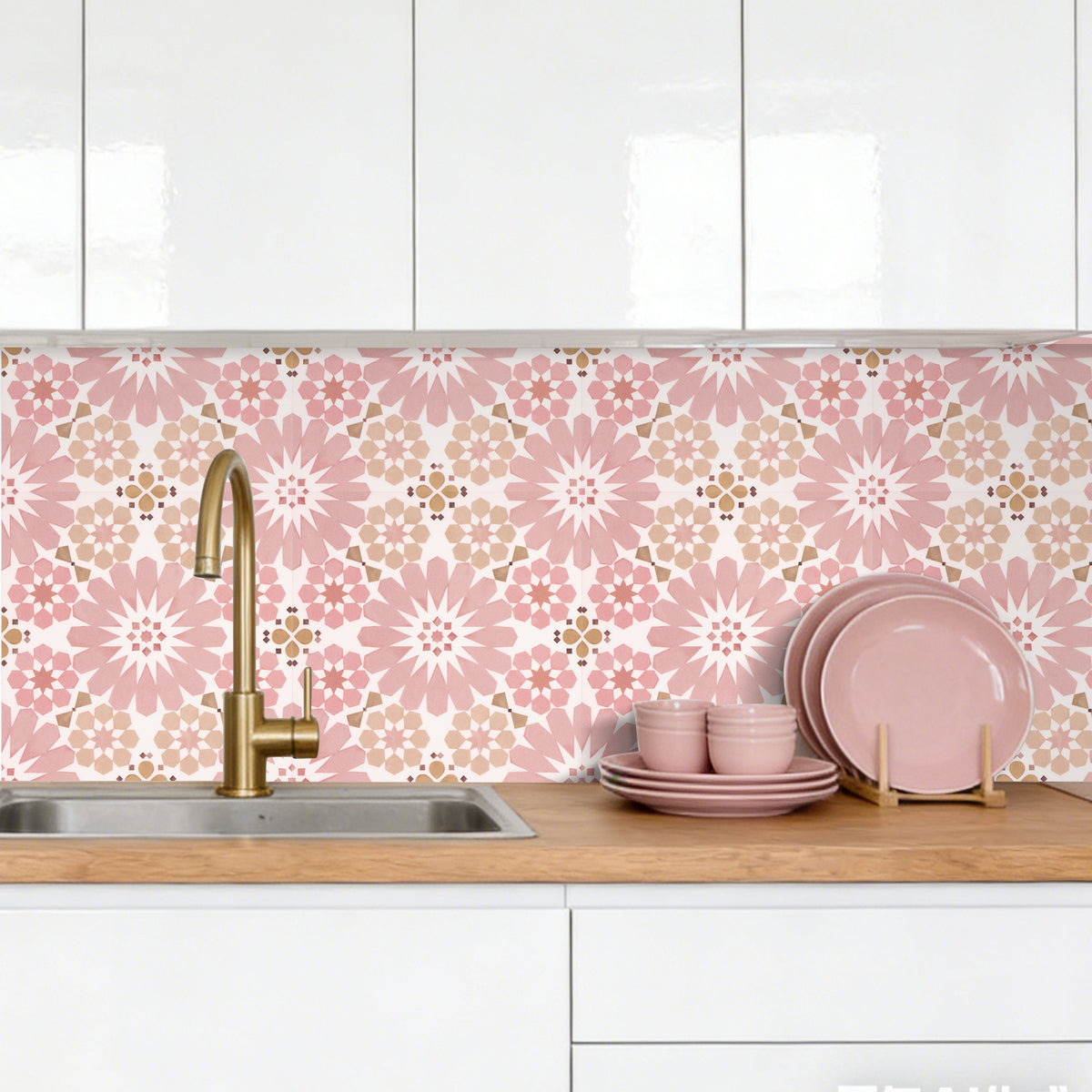 Kitchen with pink floral backsplash and pink dishes on wooden countertop