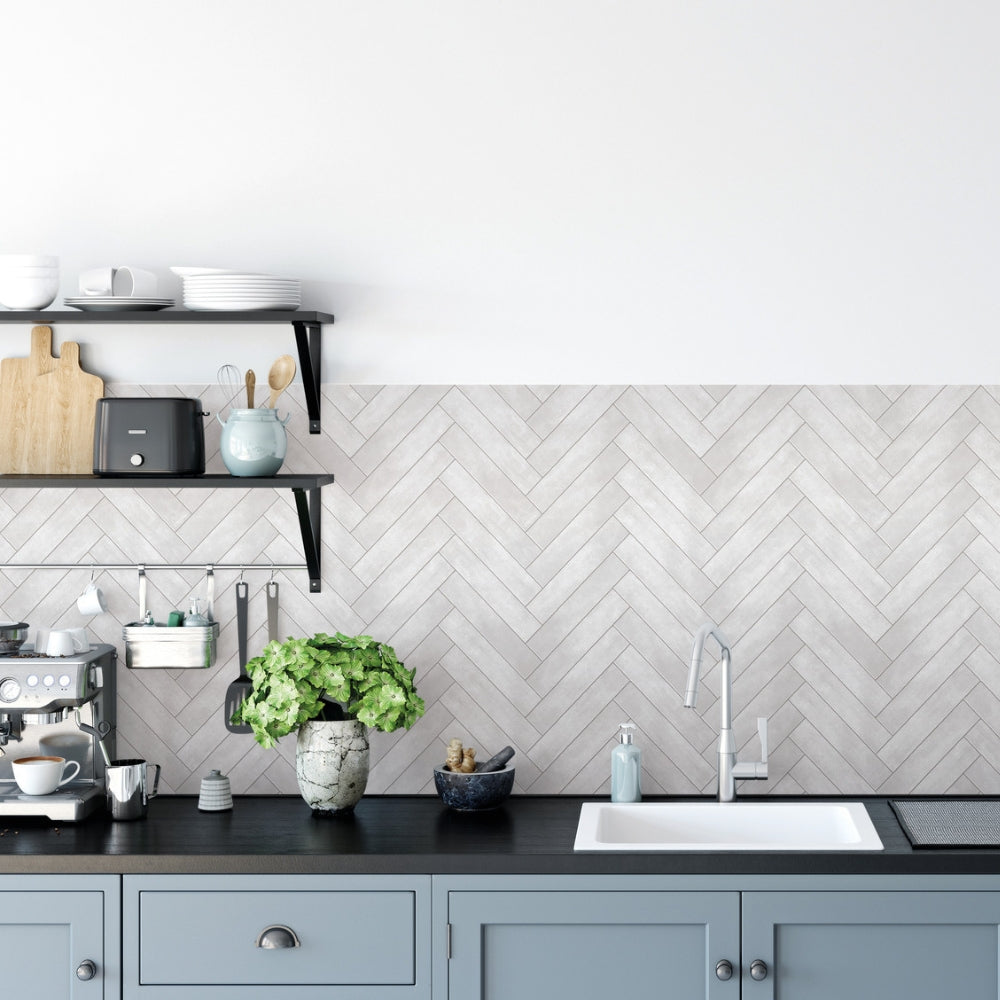 Metallic chevron vinyl wallpaper kitchen