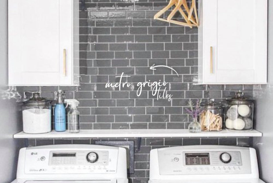 white laundry with grey Metro Grigio wall tiles as a splashback