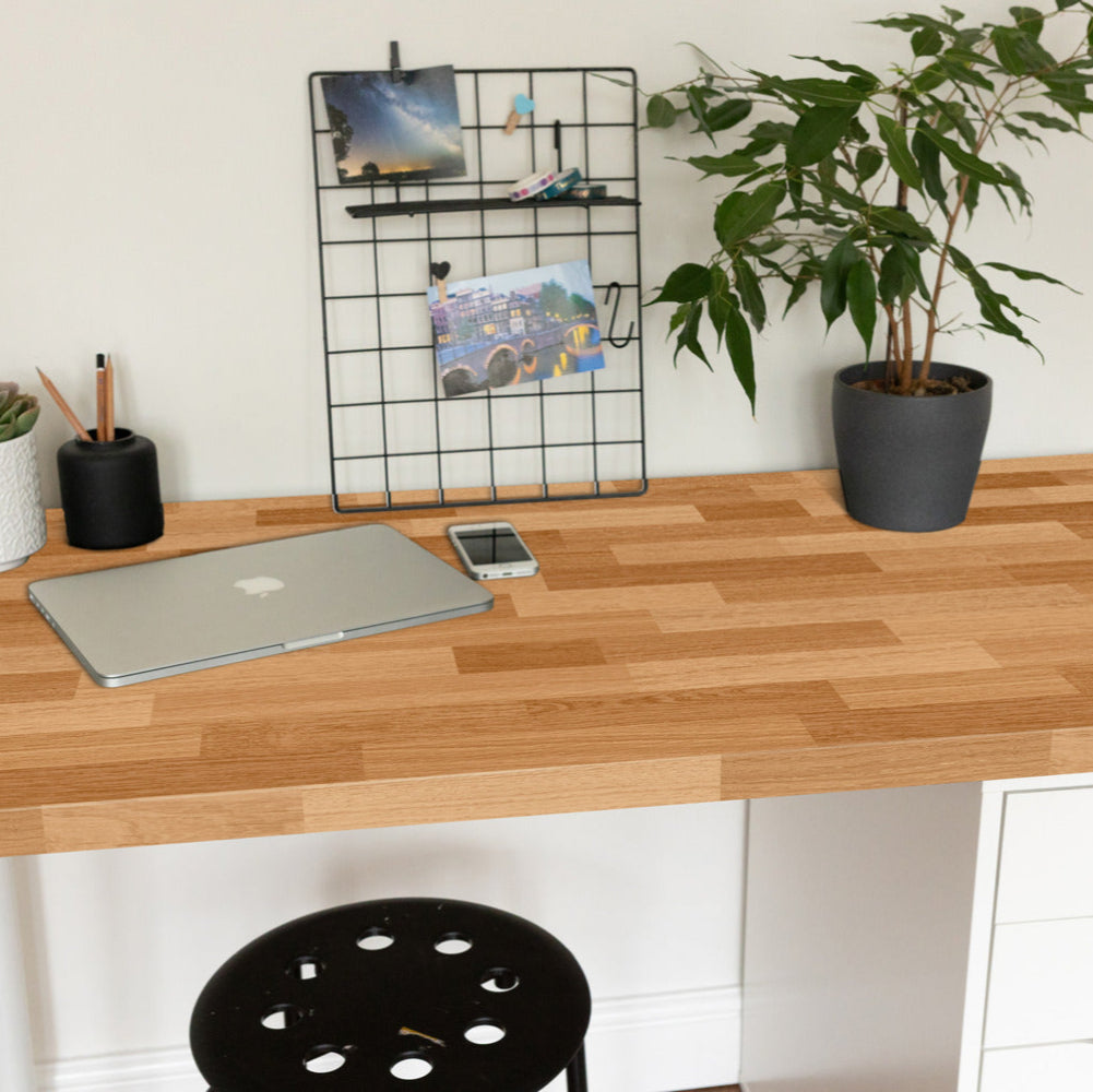 Modern butcher block adhesive vinyl on desk