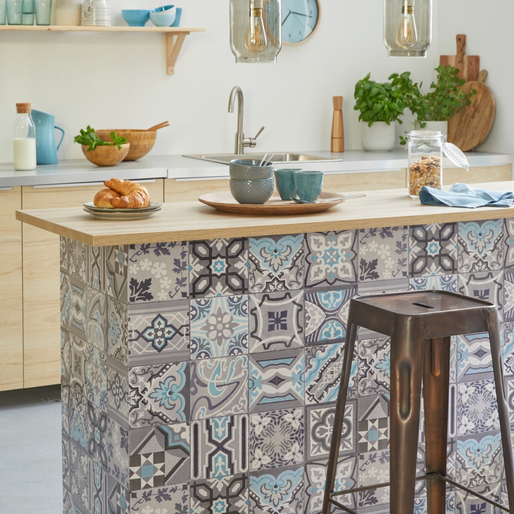 Moroccan tile simenta vinyl wallpaper on kitchen island