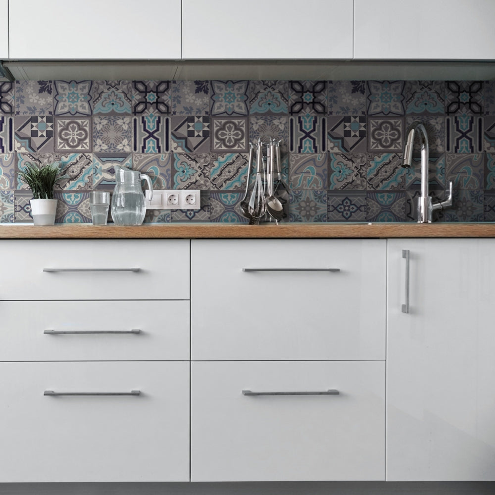 Moroccan tile simenta vinyl wallpaper as a splashback in white kithen