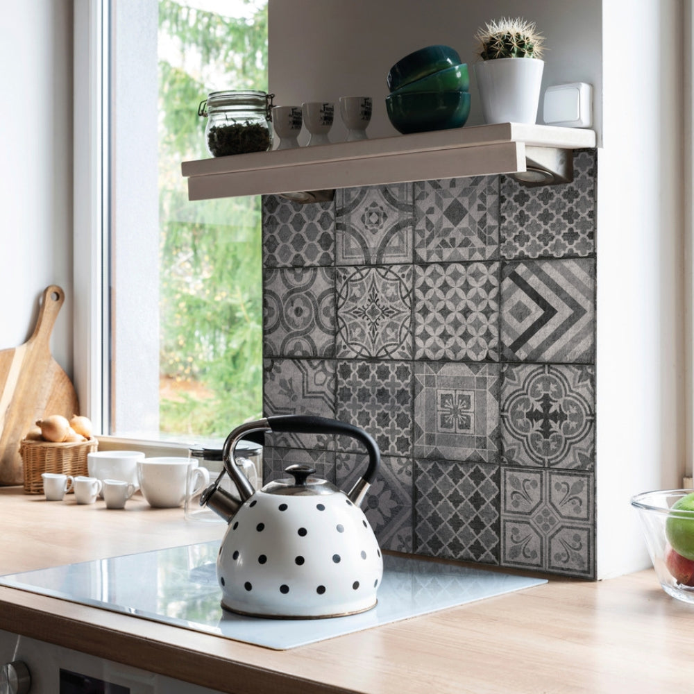 Moroccan tiles grey vinyl wallpaper splash back