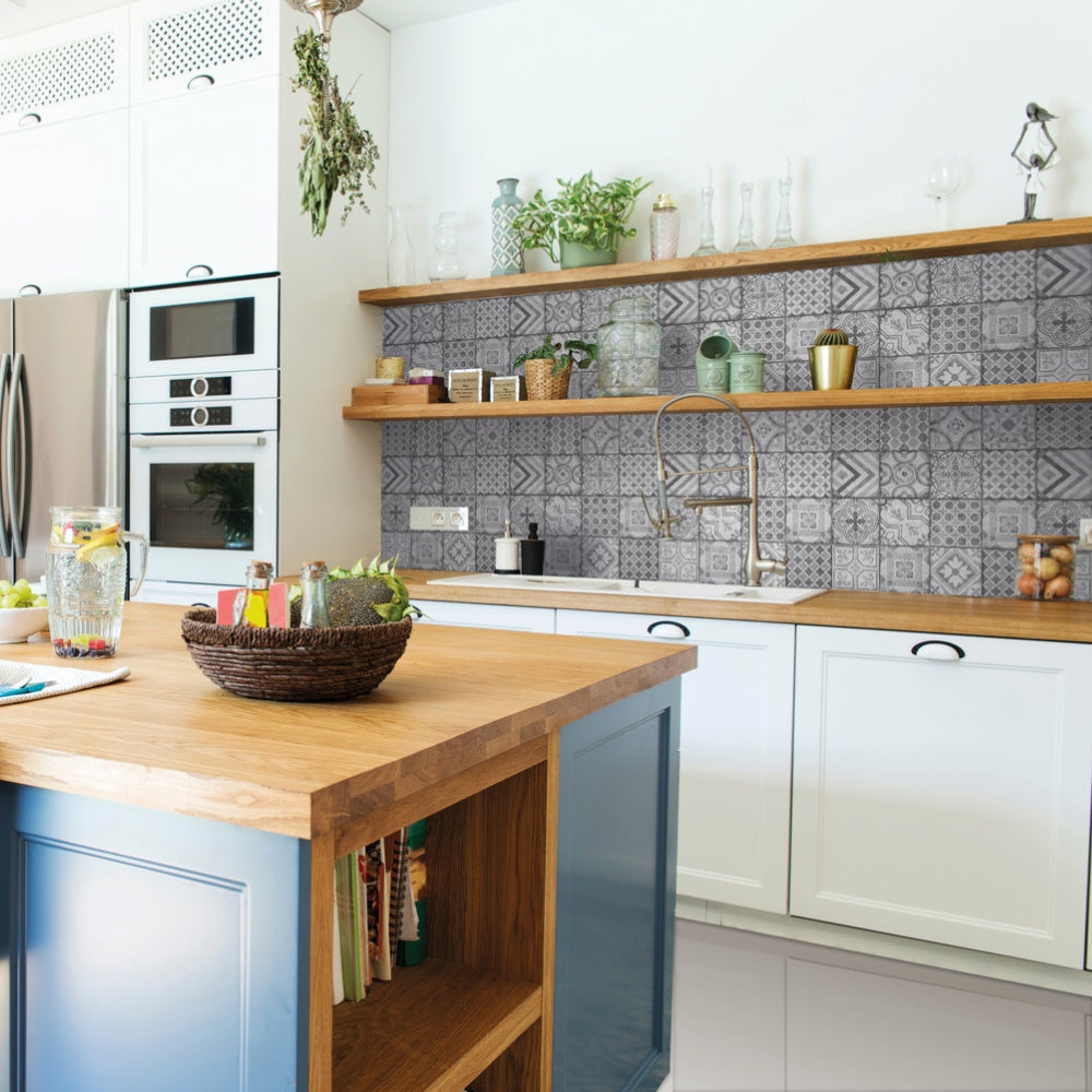 Moroccan tiles grey vinyl wallpaper in a kitchen