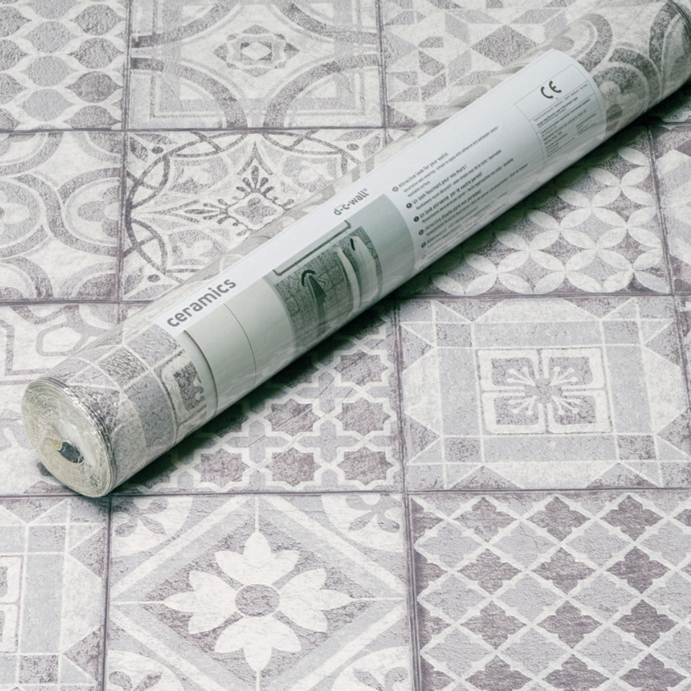 Moroccan tiles grey vinyl wallpaper packaging