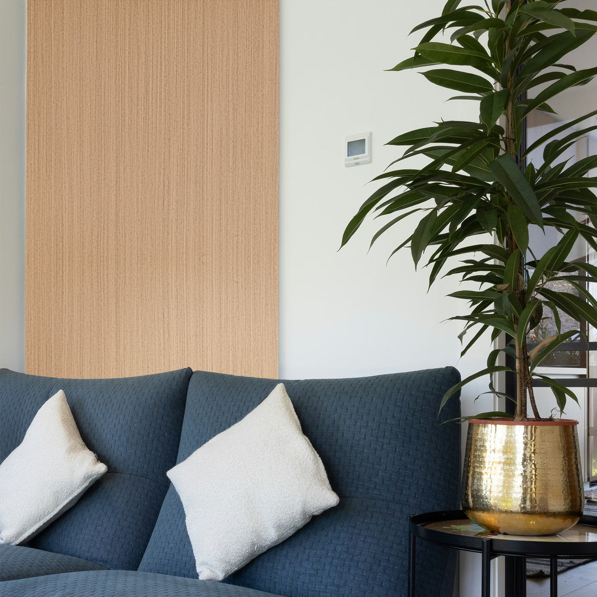 Blue sofa with white cushions in a living room setting with a plant and side table.