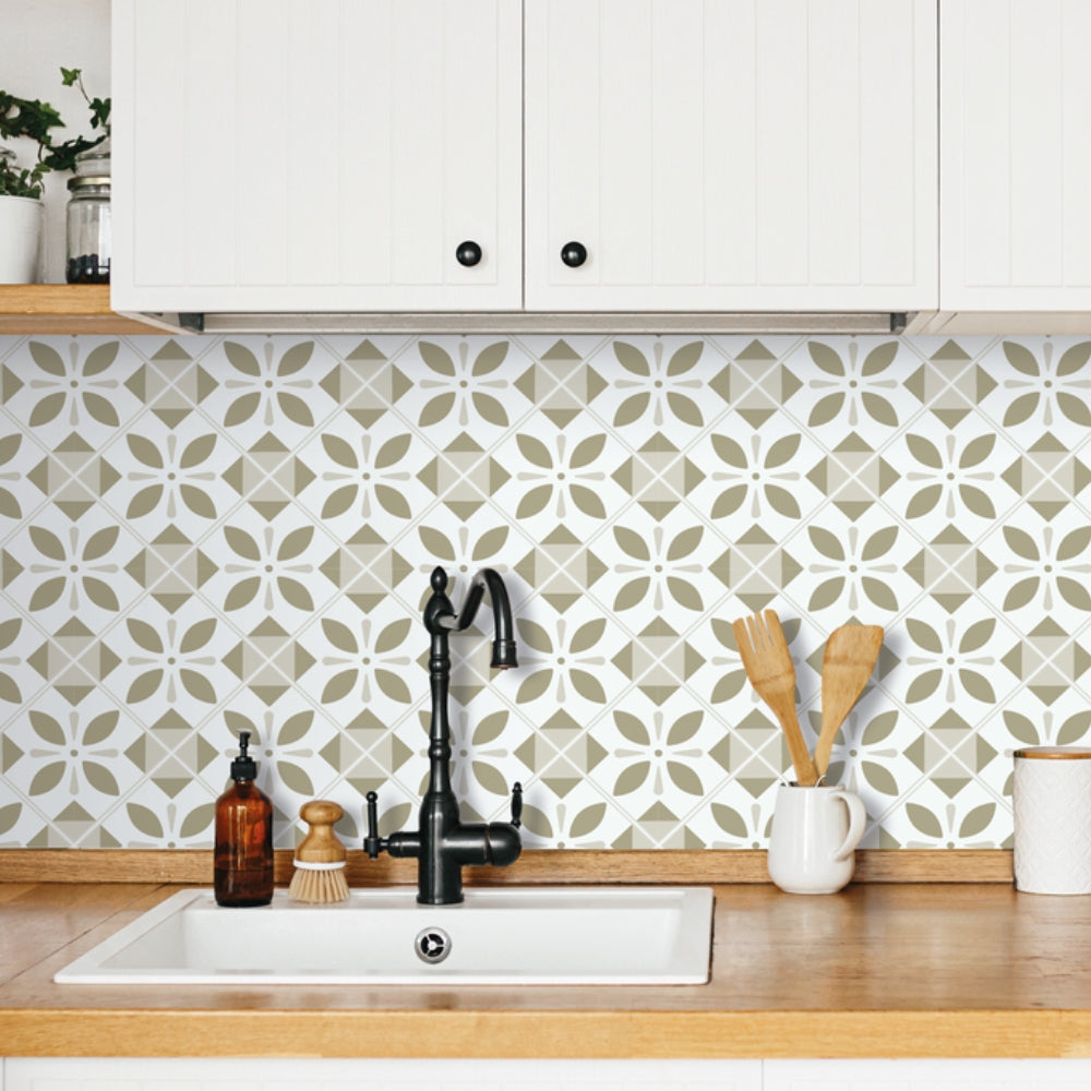 Oriental elements vinyl wallpaper behind kitchen sink