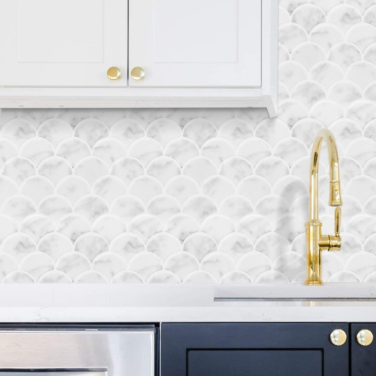White and Grey marble scalloped tiles in kitchen
