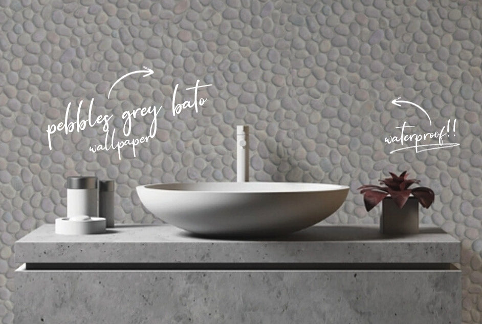 bathroom vanity with pebbles grey bato wallpaper on the wall behind