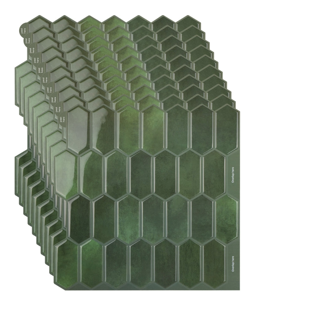Stack of green hexagonal tiles on a white background