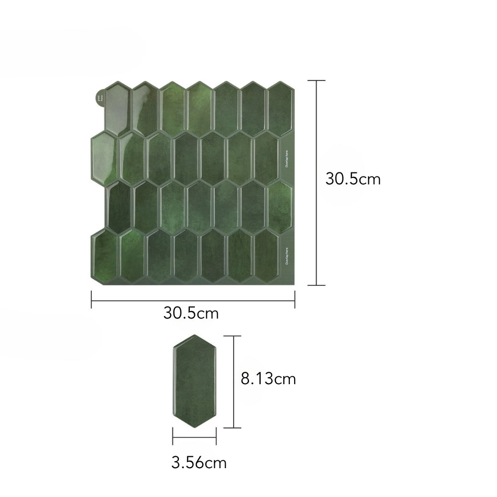 Green hexagonal tile with dimensions on a white background