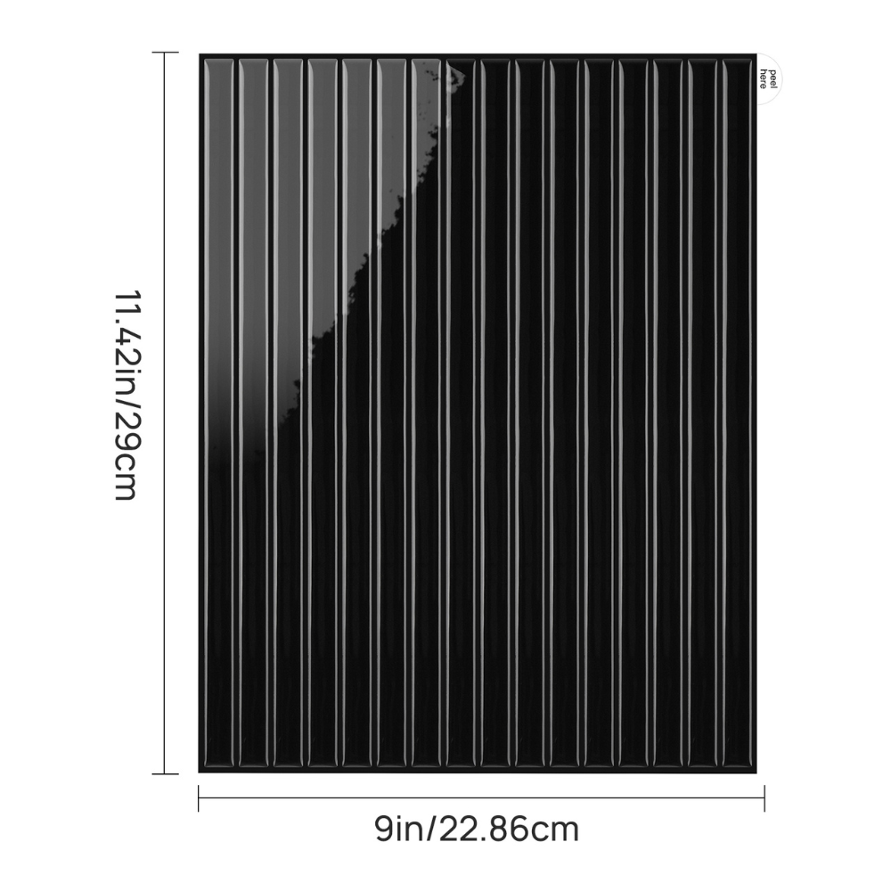 Black reeded tile with dimensions labeled
