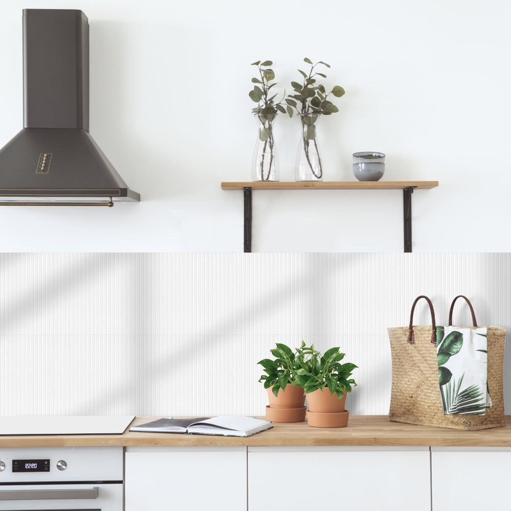Kitchen with wooden shelf, potted plants, and a woven bag with a plant design.