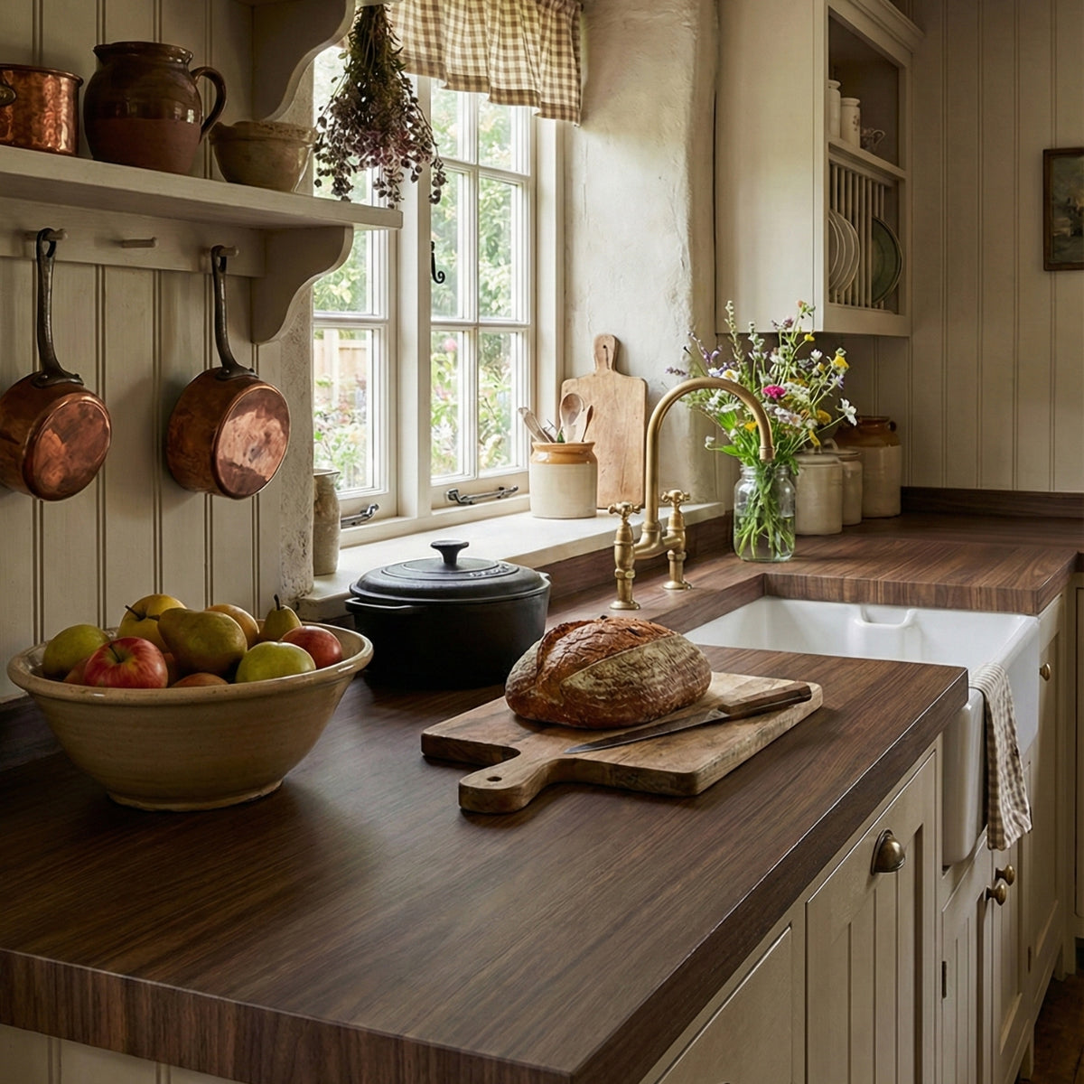 Kitchen with walnut vinyl wrapped countertops, fruit bowl, bread, and window view