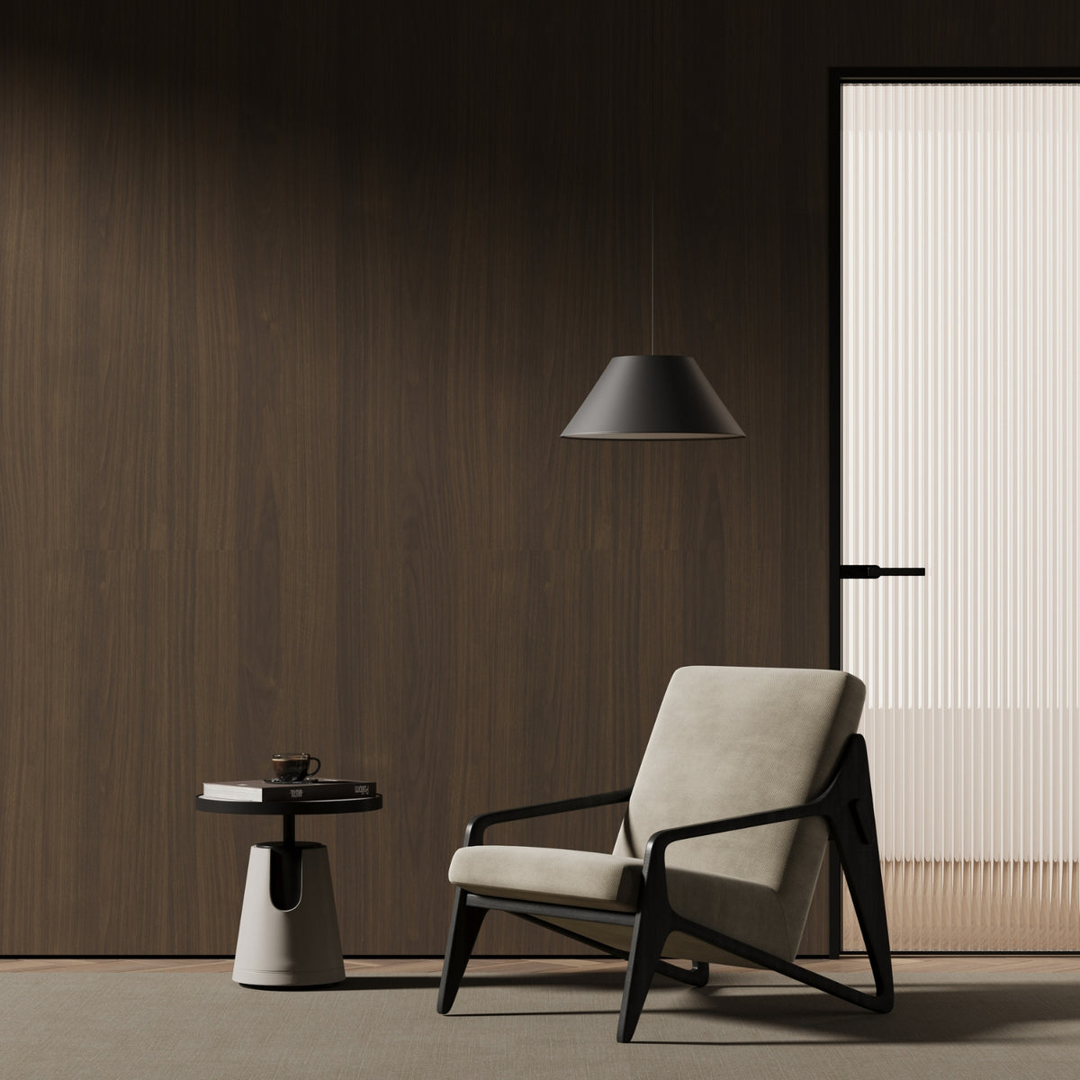 Modern armchair in a minimalistic room with a walnut vinyl wrapped wall and pendant light.