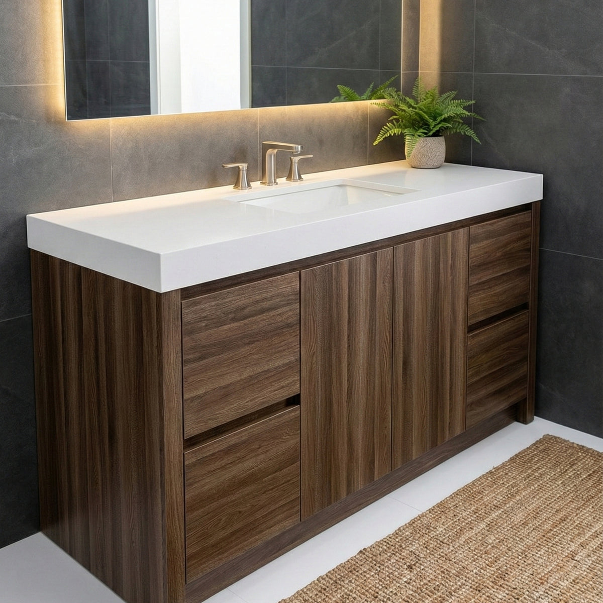 Bathroom vanity with oak adhesive vinyl wrapped cabinets and a white countertop.