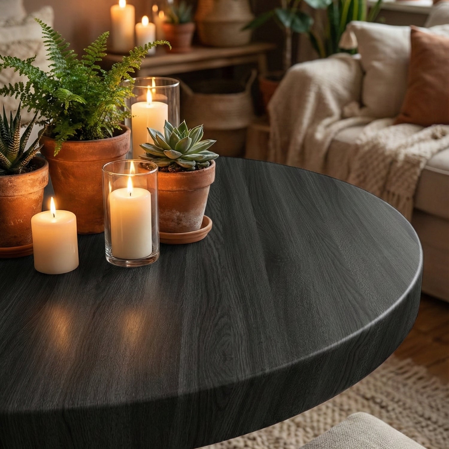 Round dark wood grain vinyl wrapped table with candles and plants in a cozy living room setting
