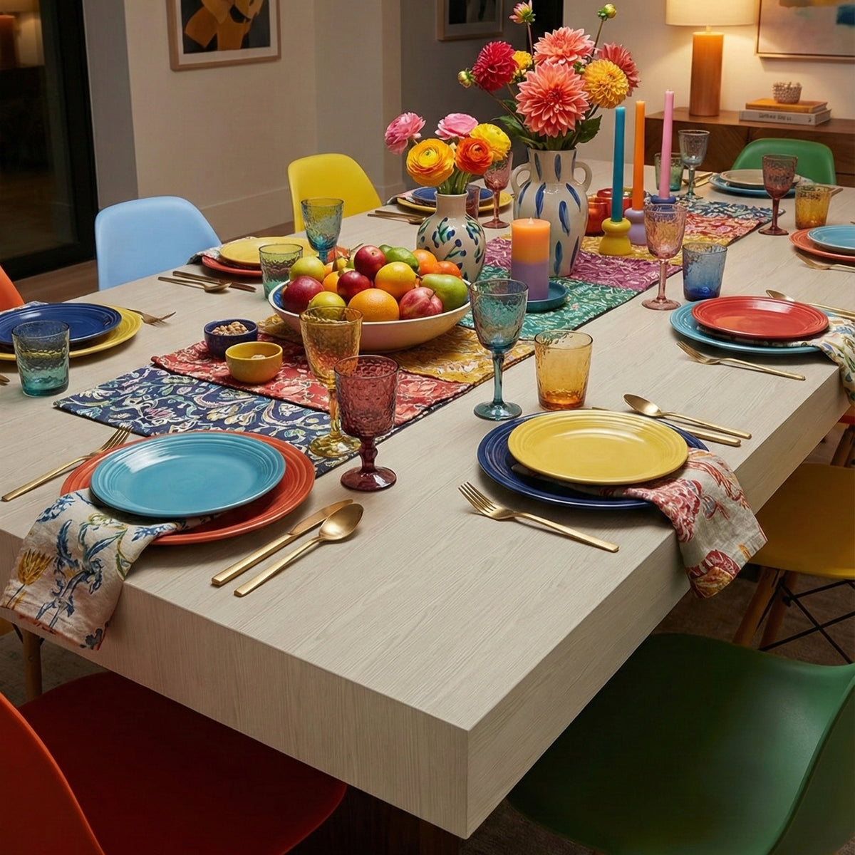 Dining table vinyl wrapped with oak wood grain lime set with colorful plates, glasses, and flowers in a home setting.