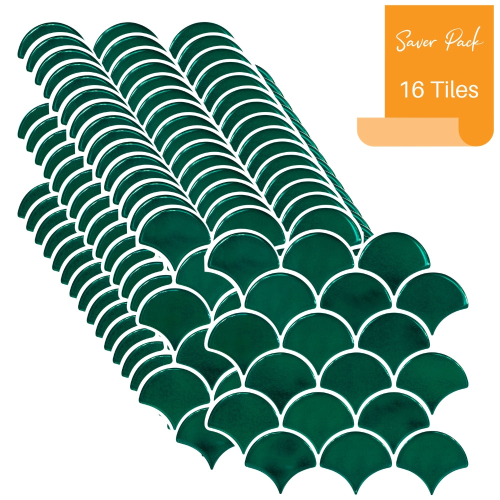 Scalloped Fish Scale Wall Tile | Green with White Grout - 30.5cm (W) x 30.5cm (H) x 2.5mm (T)
