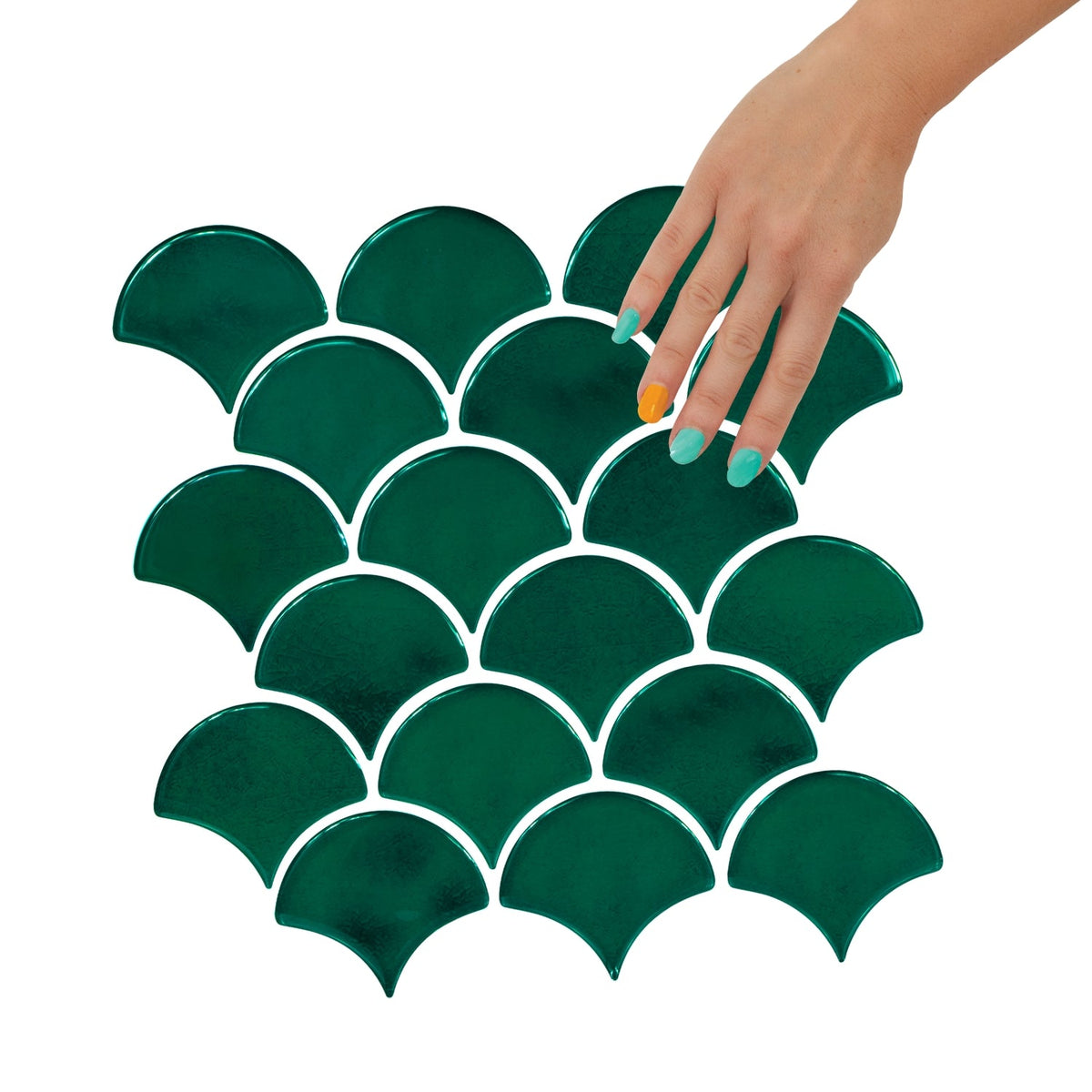 Scalloped Fish Scale Wall Tile | Green with White Grout - 30.5cm (W) x 30.5cm (H) x 2.5mm (T)