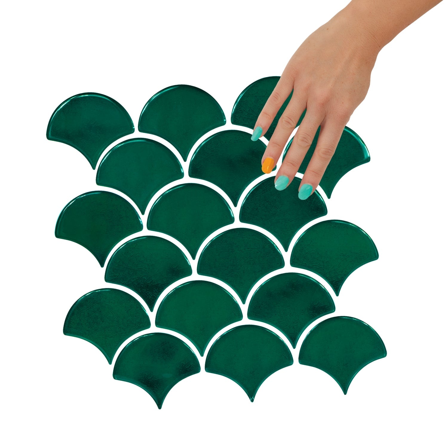 Green scalloped peel and stick tiles with white grout in bathroom