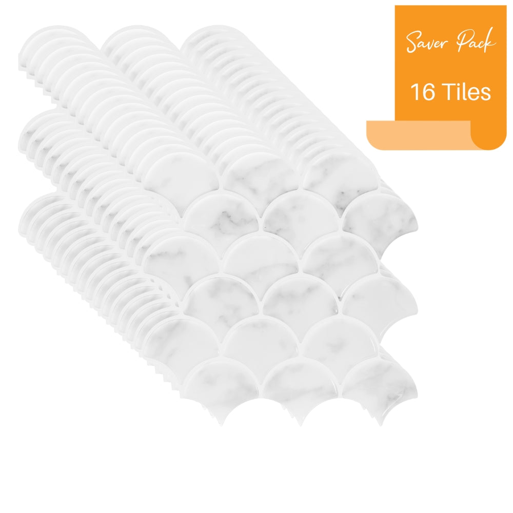 Stack of white tiles with an orange label indicating &#39;Saver Pack&#39; and &#39;16 Tiles&#39; on a white background.