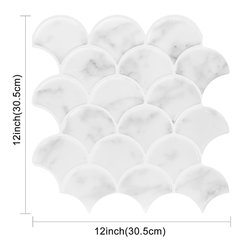 White marble fish scale tiles with dimensions on a white background