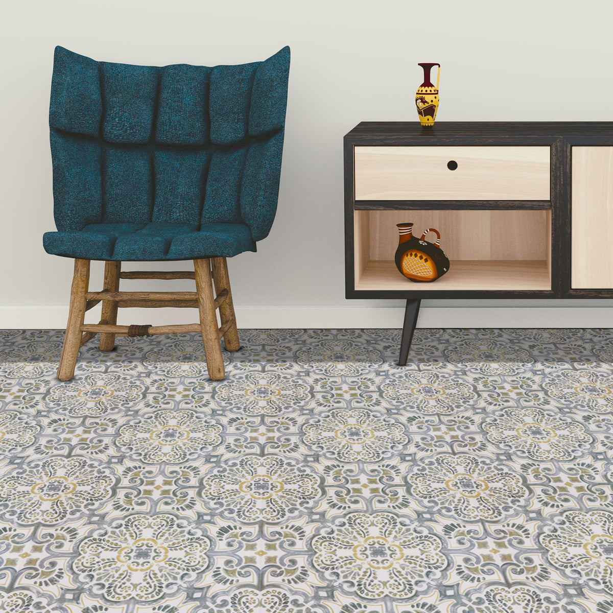 Blue chair and side table with decorative items on a patterned floor.