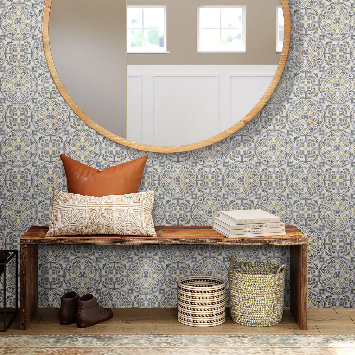 Nook with wooden bench, patterned pillows, and decorative items against a decorative tiled wall.