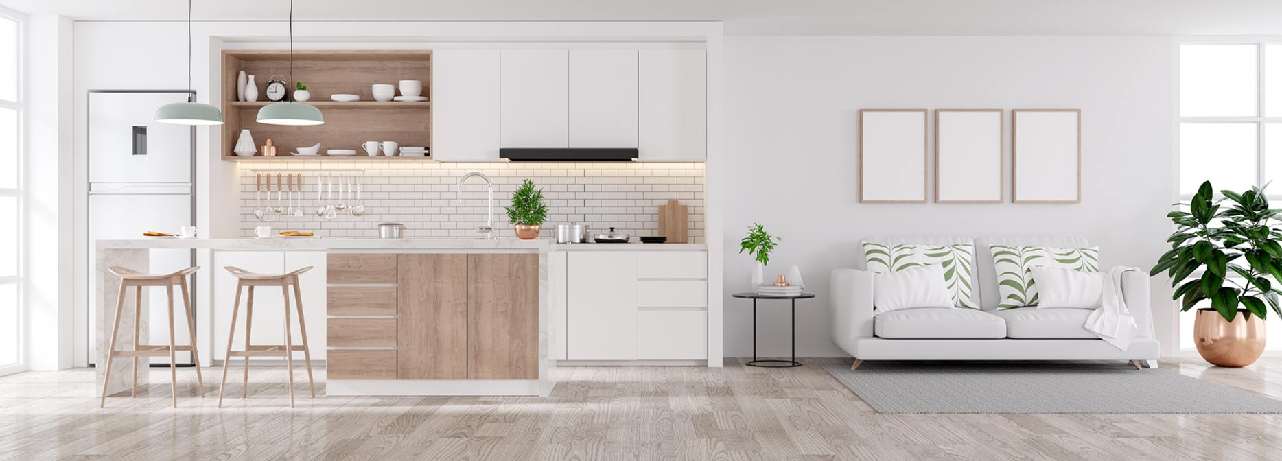 inspirational open white kitchen with wood grain features - shop all products