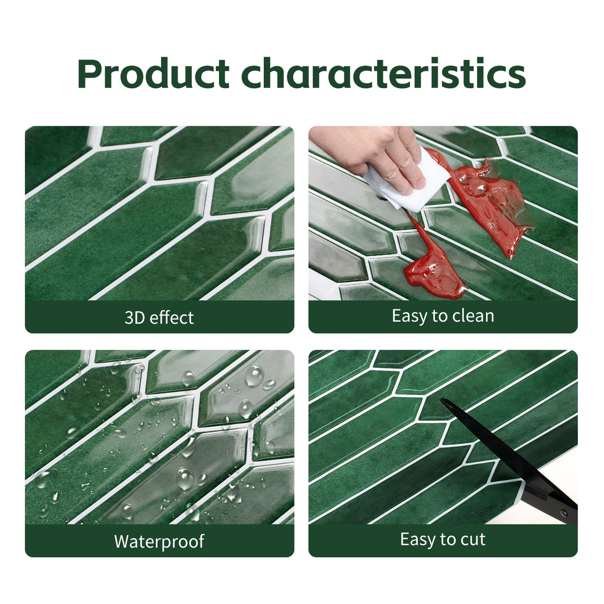 Product characteristics of green tiles with 3D effect, ease of cleaning, waterproofness, and ease of cutting.