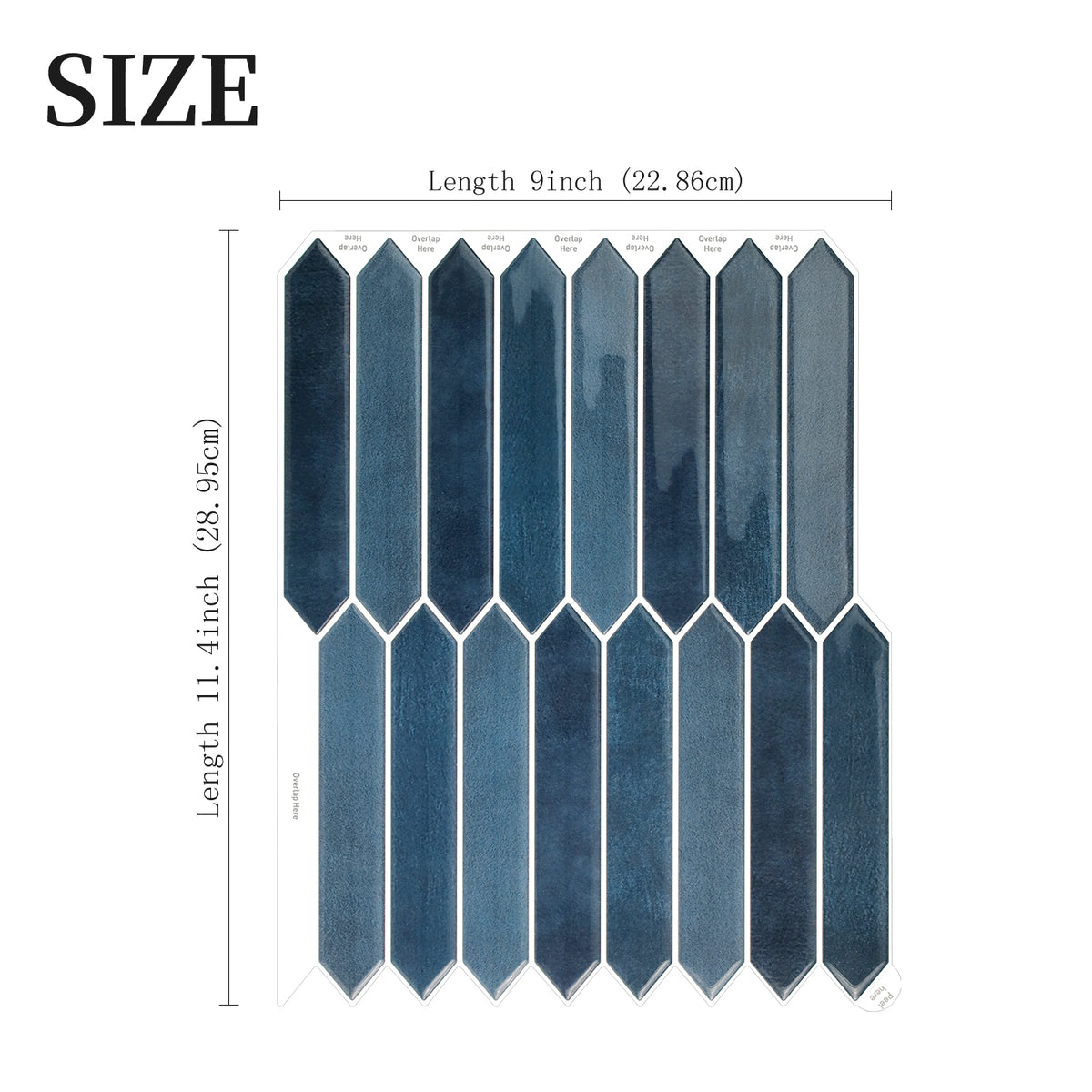 Blue mosaic tiles with dimensions on a white background
