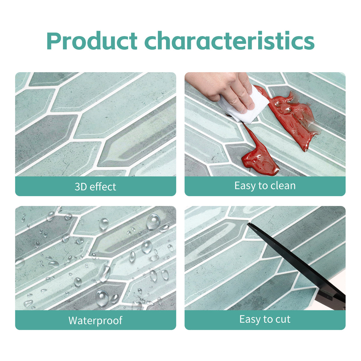 Product characteristics including 3D effect, easy cleaning, waterproof, and easy cutting on a tiled surface.