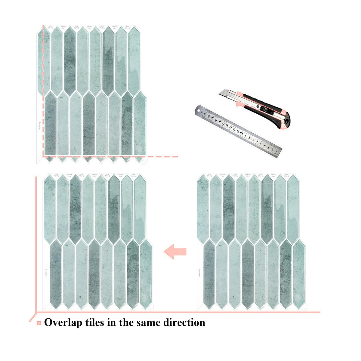 Tile layout diagram with tiles, a ruler, and a craft knife on a white background