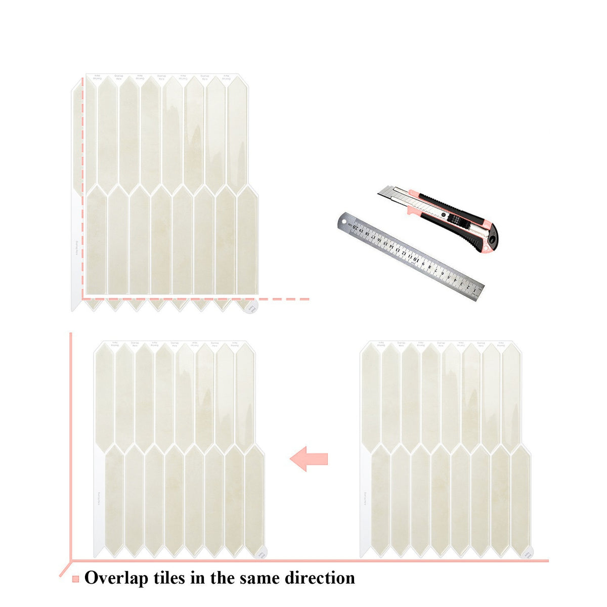 Tile overlap instructions with tiles, a ruler, and a knife on a white background