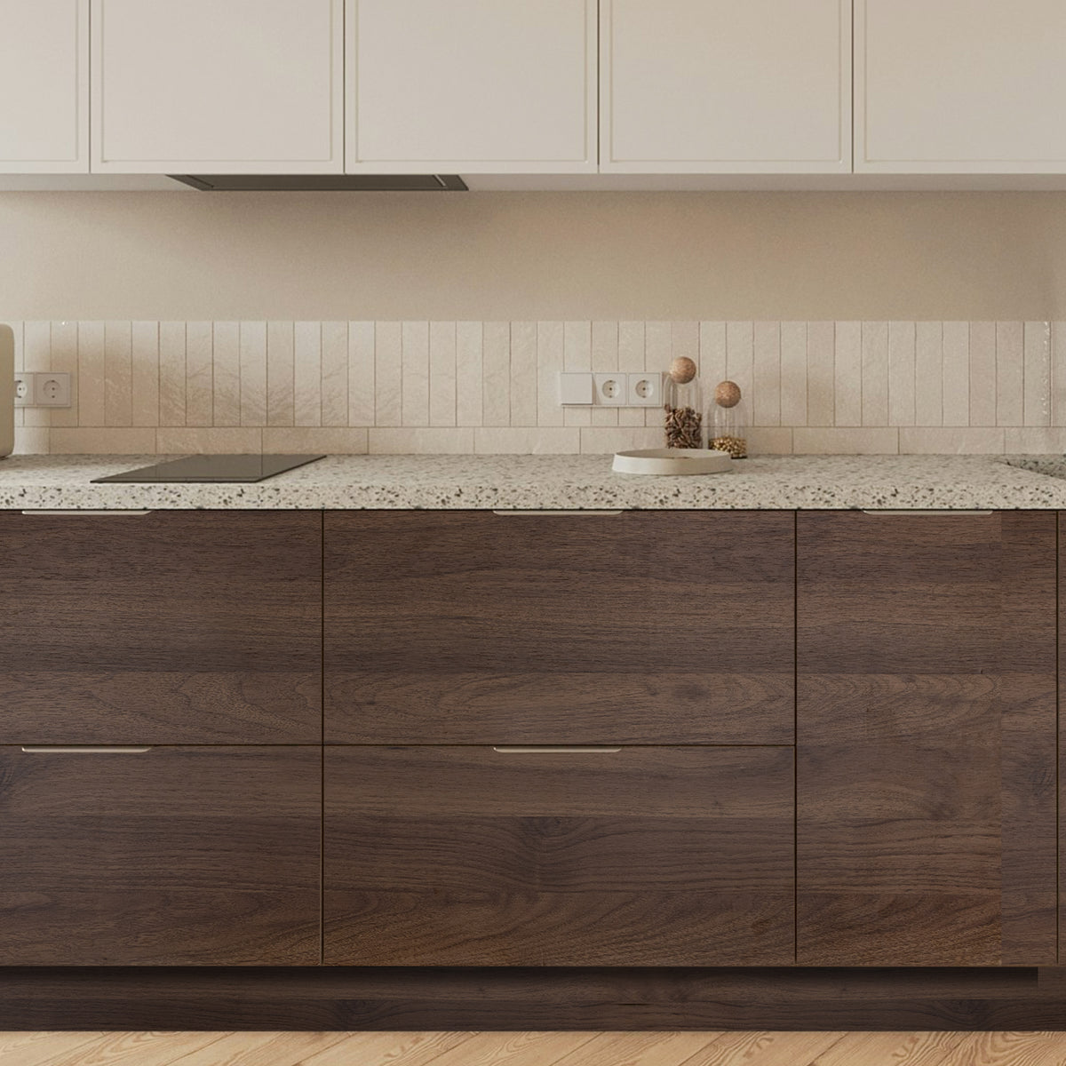 Modern kitchen with wooden cabinets and marble countertop