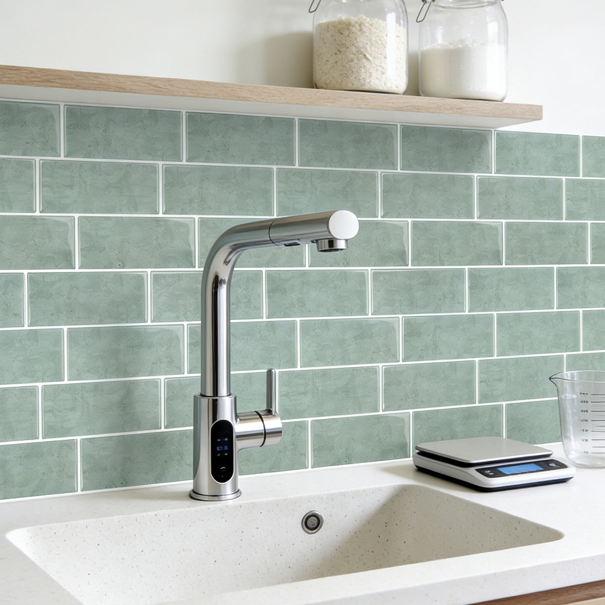 Modern kitchen sink with digital faucet against a green tiled wall.