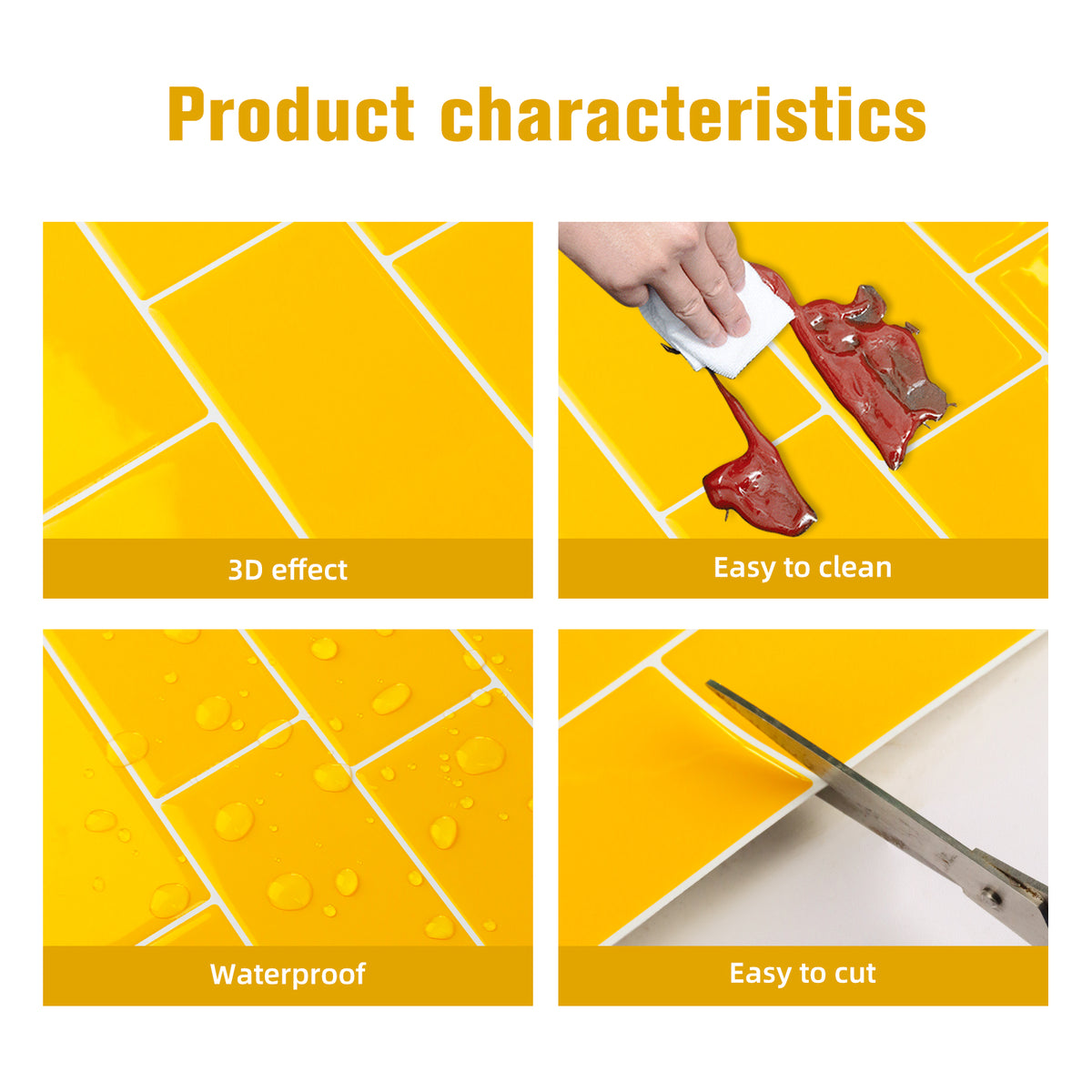 Product characteristics including 3D effect, easy cleaning, waterproof, and easy cutting on a yellow background.