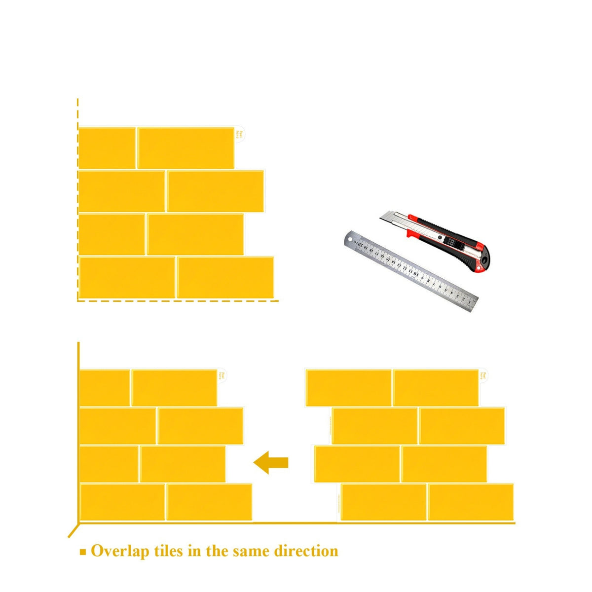 Diagram showing how to overlap tiles in the same direction with a ruler and tile spacers.