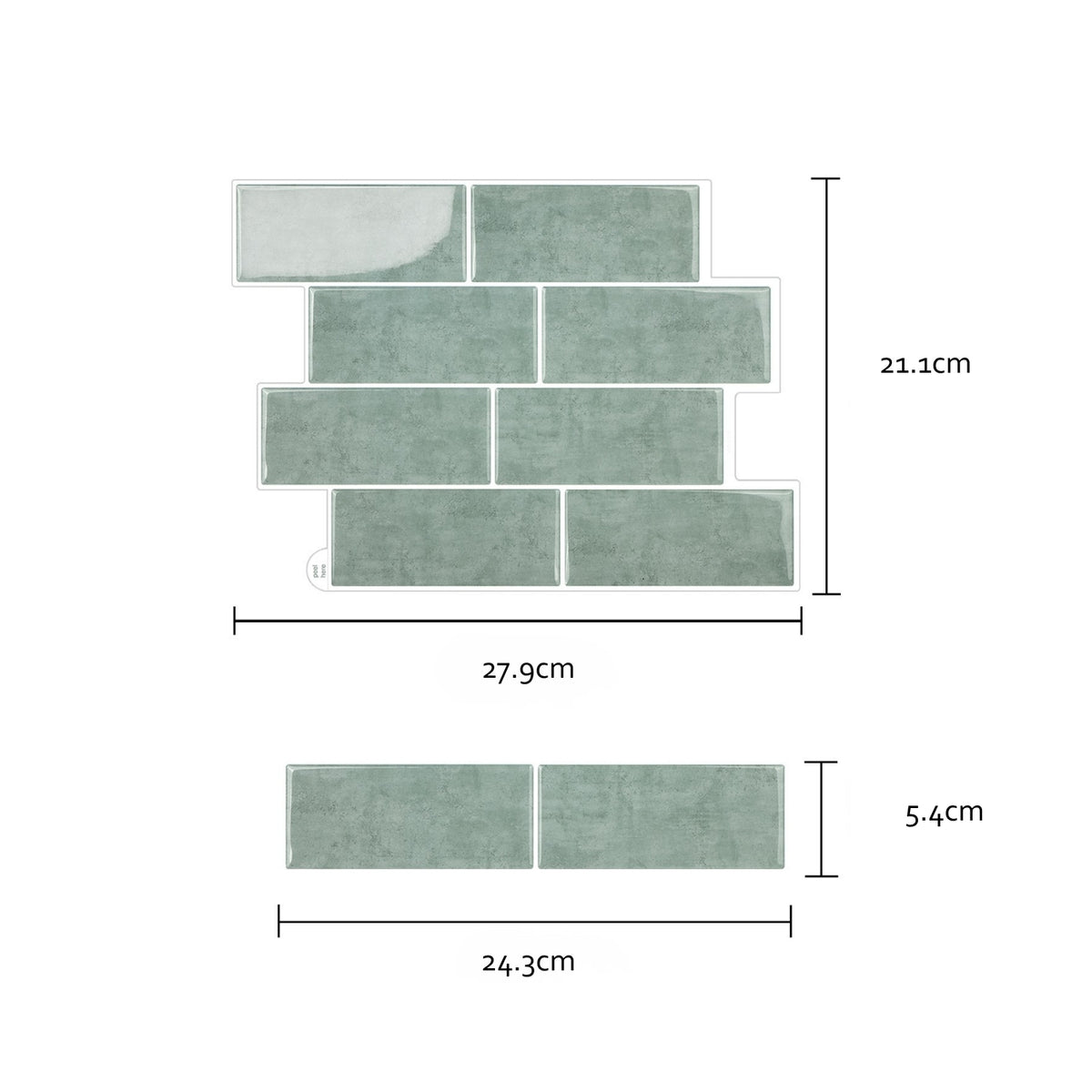 Green tiles with dimensions labeled on a white background