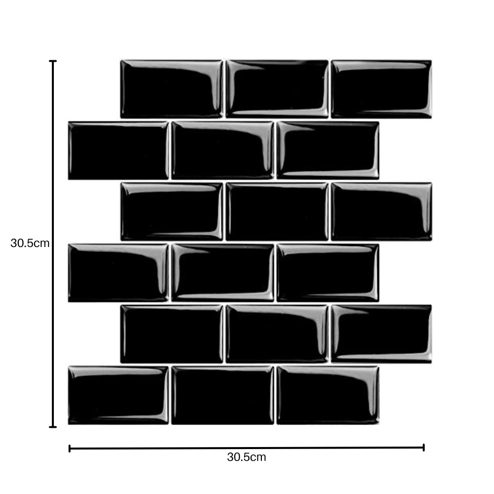 Black brick-patterned tiles with dimensions on a white background