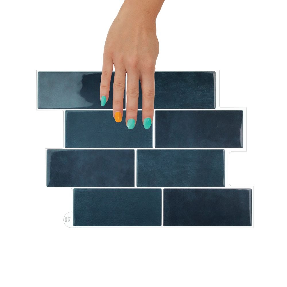 Set of dark blue rectangular tiles with a hand touching one tile, on a white background