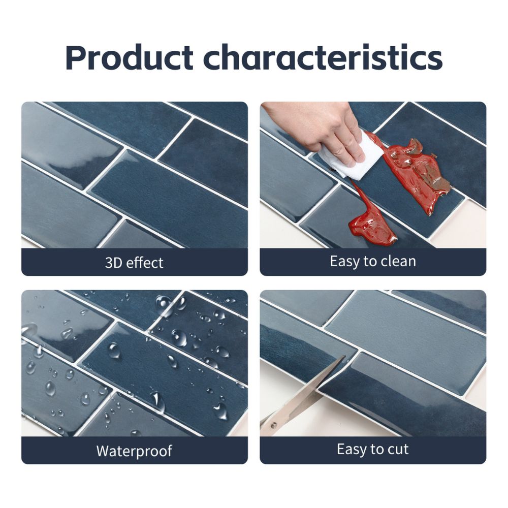 Product characteristics of a tile with 3D effect, ease of cleaning, waterproofness, and ease of cutting.