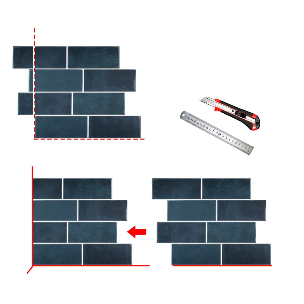 Diagram showing tile layout with a ruler and cutter on a white background