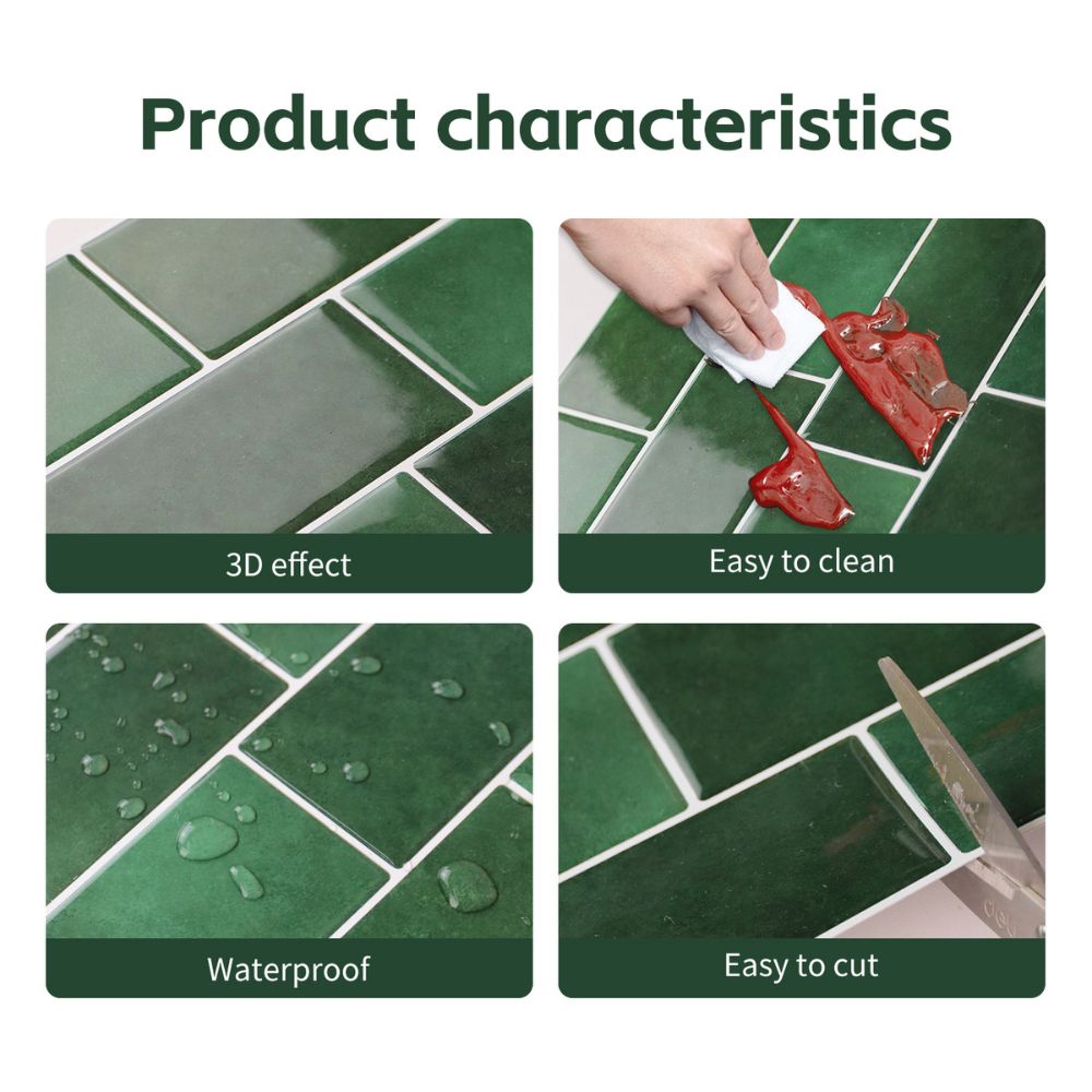 Product characteristics of green tiles with 3D effect, ease of cleaning, waterproofness, and ease of cutting.