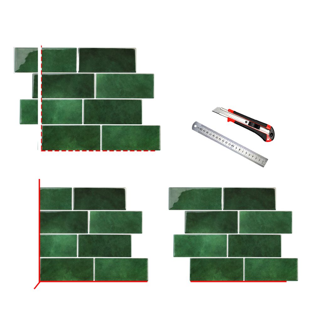 Green tiles arranged in different patterns with a ruler and utility knife on a white background