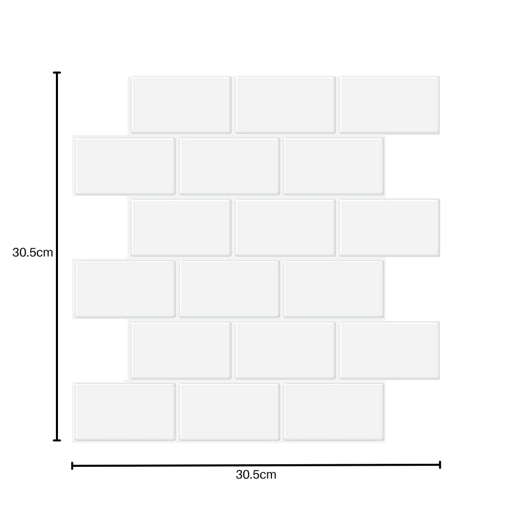 White subway tiles with dimensions indicated.