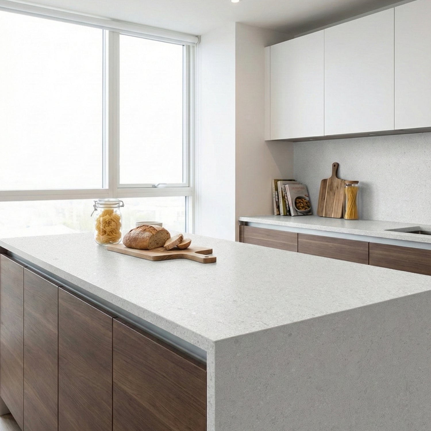 Modern kitchen with grey micro terrazzo countertops and wooden cabinets