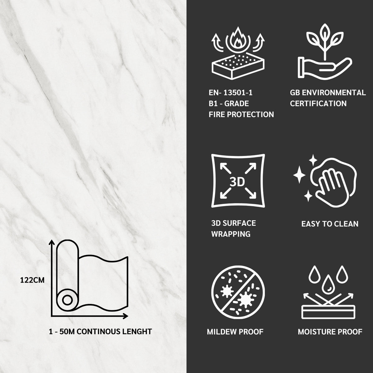 Architectural grade adhesive vinyl features with icons and text on a black and white background